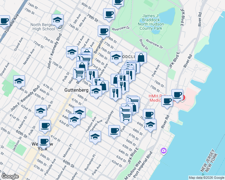 map of restaurants, bars, coffee shops, grocery stores, and more near 226 72nd Street in North Bergen