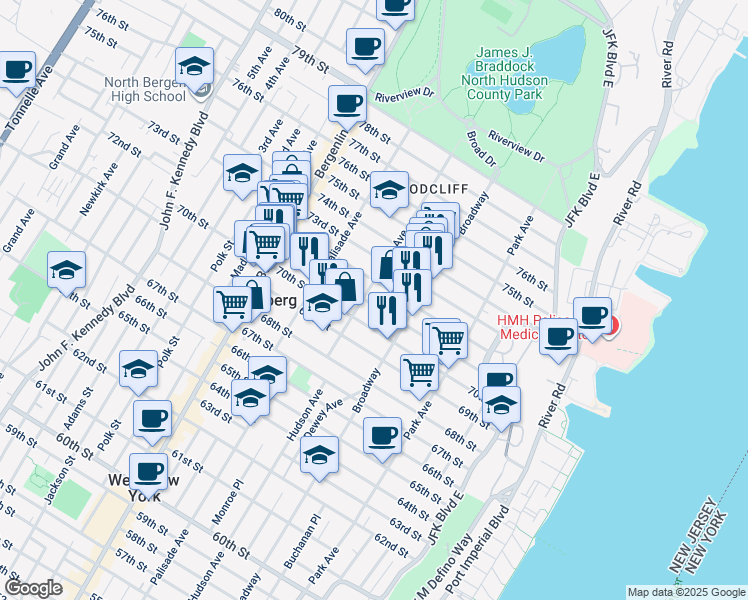 map of restaurants, bars, coffee shops, grocery stores, and more near 310 71st Street in Guttenberg