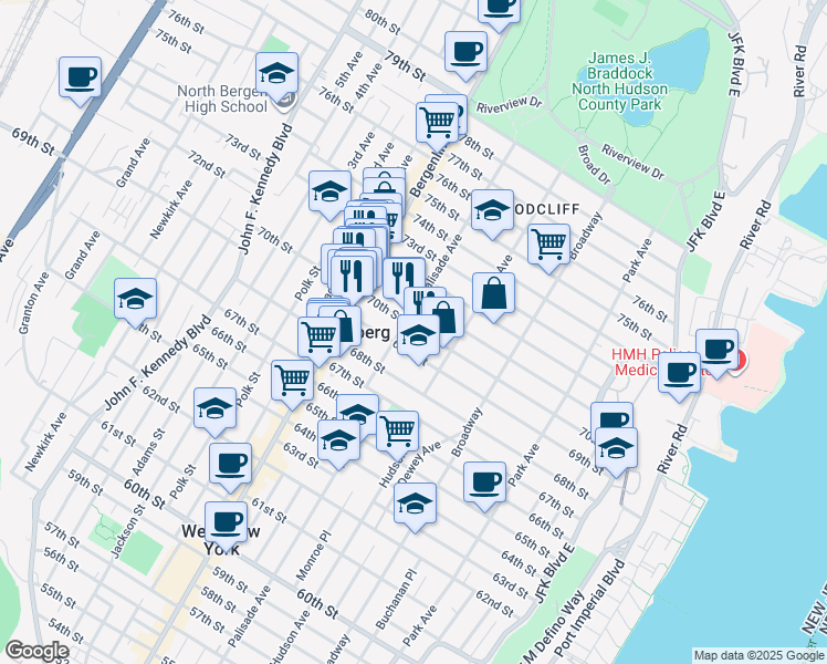 map of restaurants, bars, coffee shops, grocery stores, and more near 7012 Palisade Avenue in Guttenberg