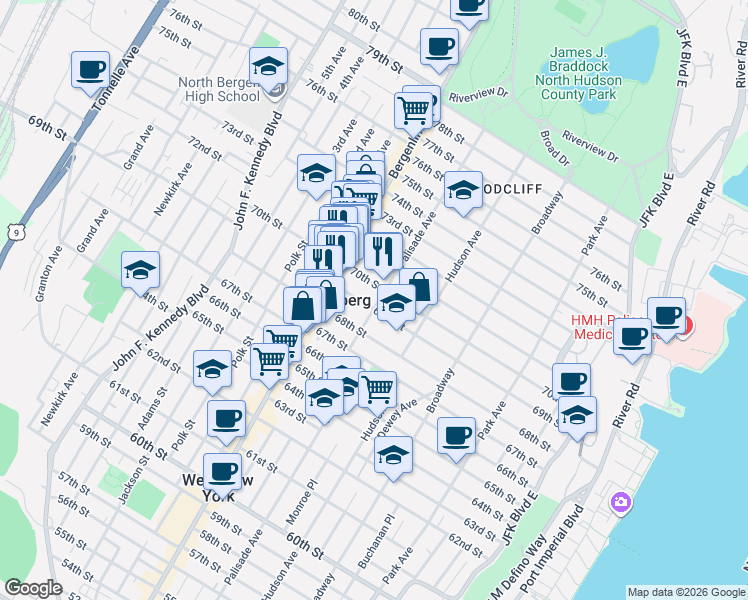 map of restaurants, bars, coffee shops, grocery stores, and more near 419 70th Street in Guttenberg