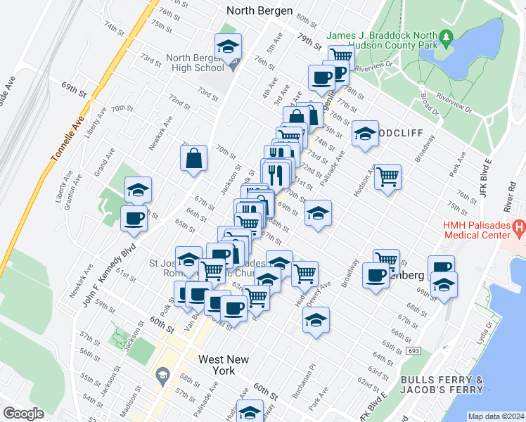 map of restaurants, bars, coffee shops, grocery stores, and more near in Guttenberg