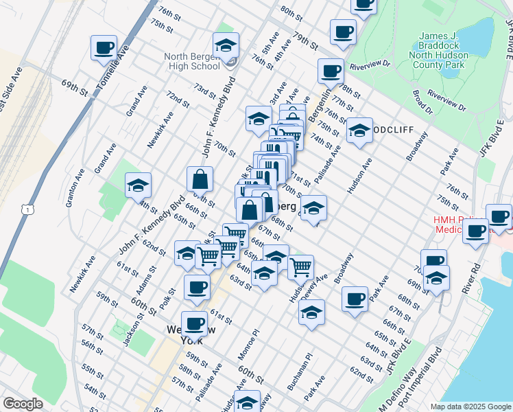 map of restaurants, bars, coffee shops, grocery stores, and more near in Guttenberg