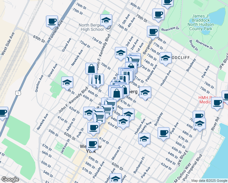 map of restaurants, bars, coffee shops, grocery stores, and more near 528 68th Street in Guttenberg