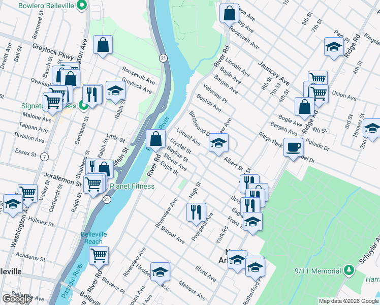 map of restaurants, bars, coffee shops, grocery stores, and more near 248 Crystal Street in North Arlington