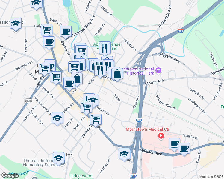 map of restaurants, bars, coffee shops, grocery stores, and more near 163 Morris Street in Morristown