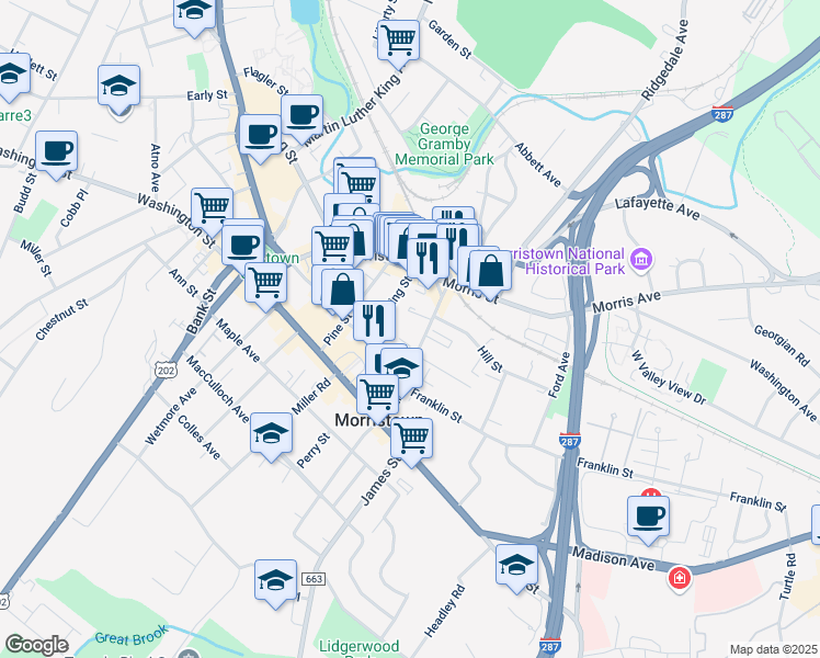 map of restaurants, bars, coffee shops, grocery stores, and more near 60 Elm Street in Morristown