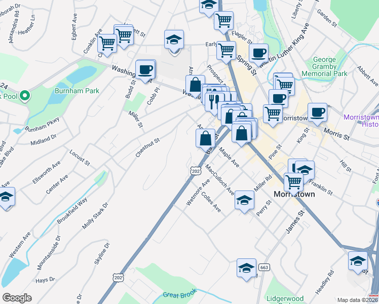 map of restaurants, bars, coffee shops, grocery stores, and more near 48 Court Street in Morristown
