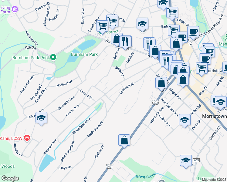 map of restaurants, bars, coffee shops, grocery stores, and more near 88 Western Avenue in Morristown