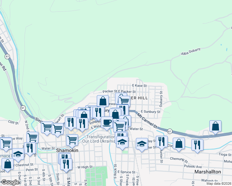 map of restaurants, bars, coffee shops, grocery stores, and more near 1105 N Washington St in Township of Coal