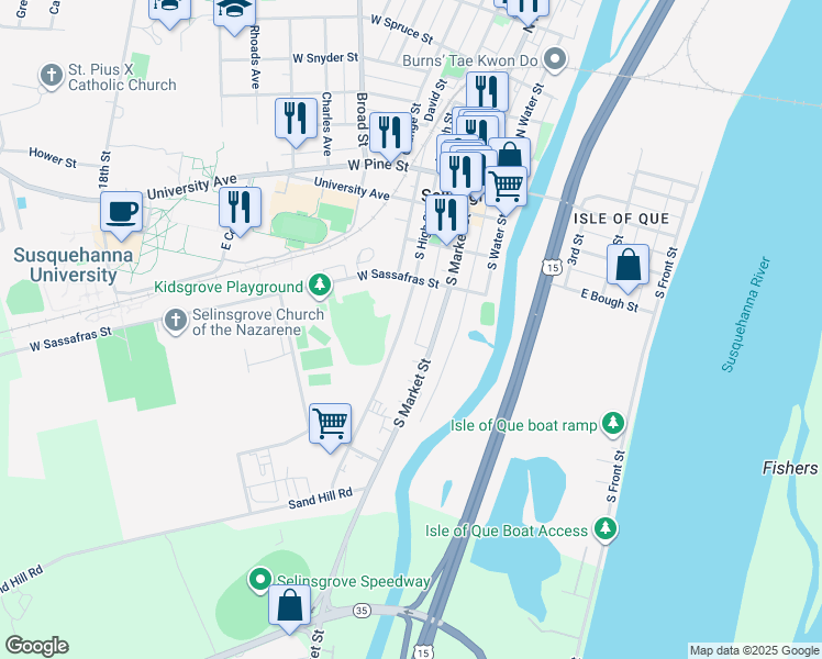 map of restaurants, bars, coffee shops, grocery stores, and more near 315 South High Street in Selinsgrove