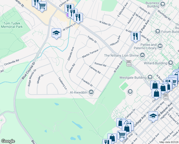 map of restaurants, bars, coffee shops, grocery stores, and more near 505 Hillcrest Avenue in State College