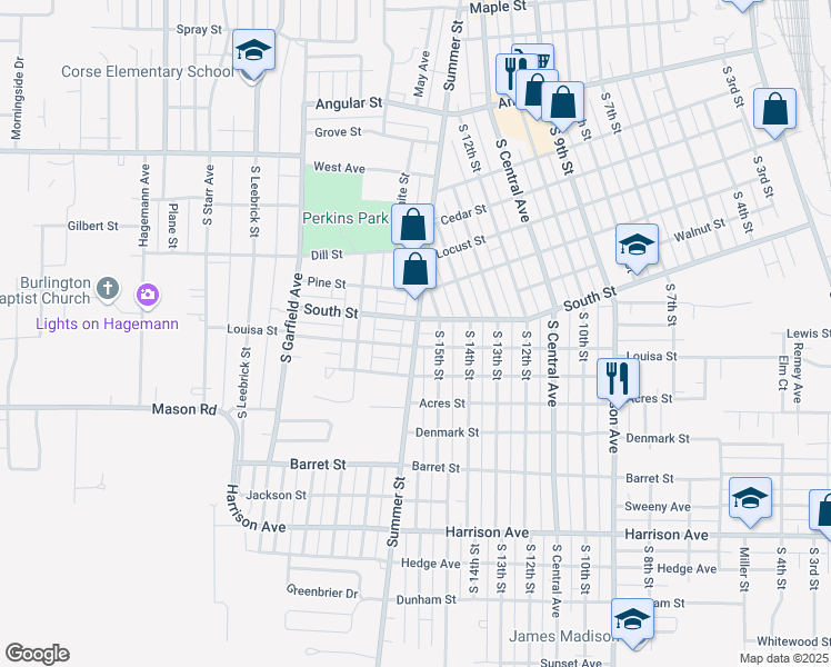 map of restaurants, bars, coffee shops, grocery stores, and more near 1501 South Street in Burlington