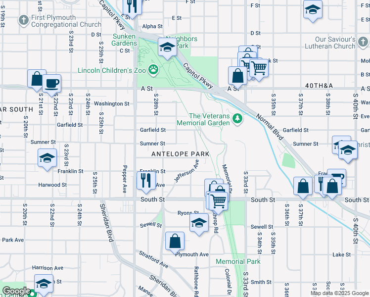 map of restaurants, bars, coffee shops, grocery stores, and more near 2934 Sumner Street in Lincoln