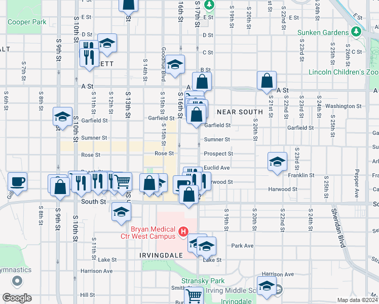 map of restaurants, bars, coffee shops, grocery stores, and more near 1634 Prospect Street in Lincoln