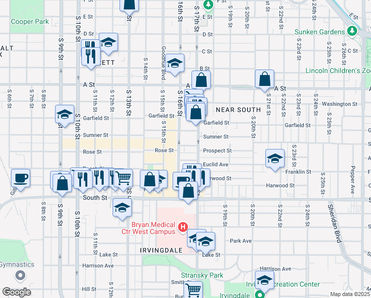 map of restaurants, bars, coffee shops, grocery stores, and more near 1634 Prospect Street in Lincoln