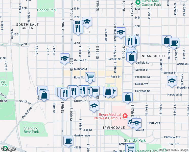 map of restaurants, bars, coffee shops, grocery stores, and more near 1219 Sumner Street in Lincoln