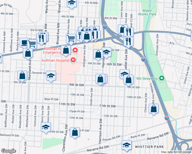 map of restaurants, bars, coffee shops, grocery stores, and more near 2227 Seventh Street Southwest in Canton