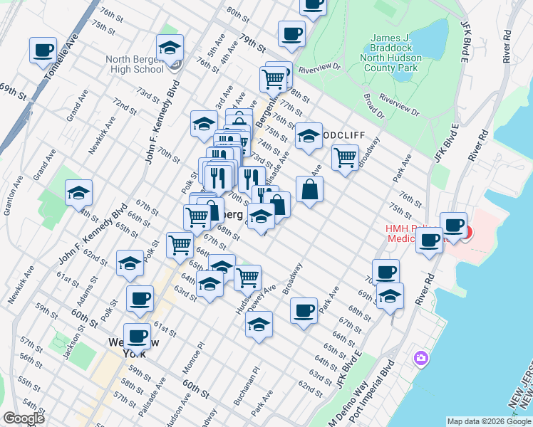 map of restaurants, bars, coffee shops, grocery stores, and more near 7012 Palisade Avenue in Guttenberg
