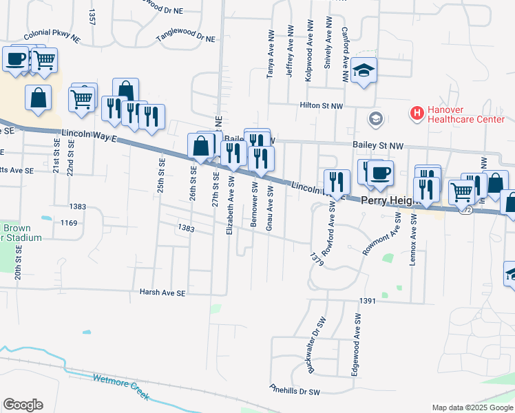 map of restaurants, bars, coffee shops, grocery stores, and more near 2851 Lincoln Way East in Massillon