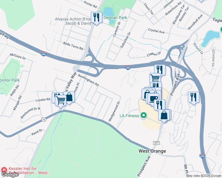 map of restaurants, bars, coffee shops, grocery stores, and more near 1E Buckingham Road in West Orange