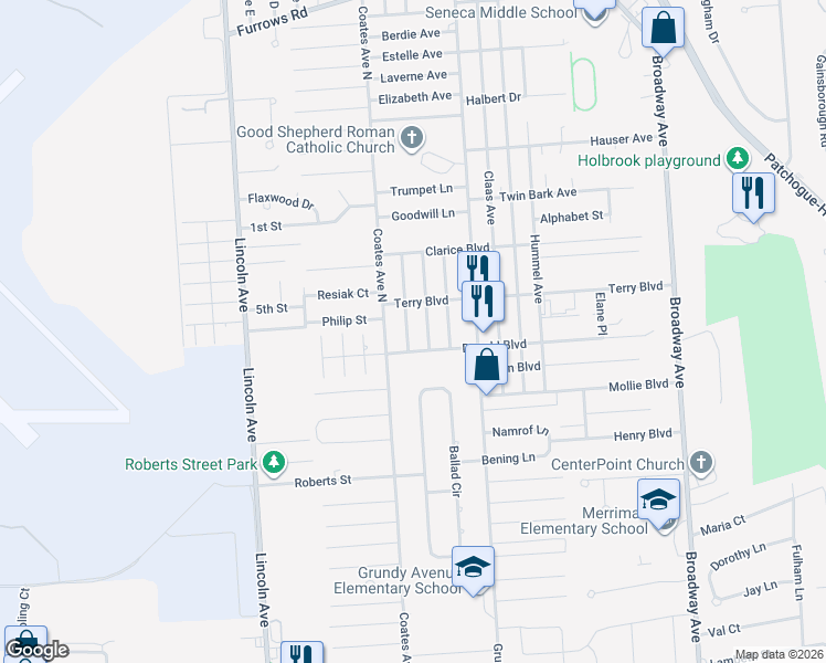 map of restaurants, bars, coffee shops, grocery stores, and more near 1220 Tuttle Street in Holbrook