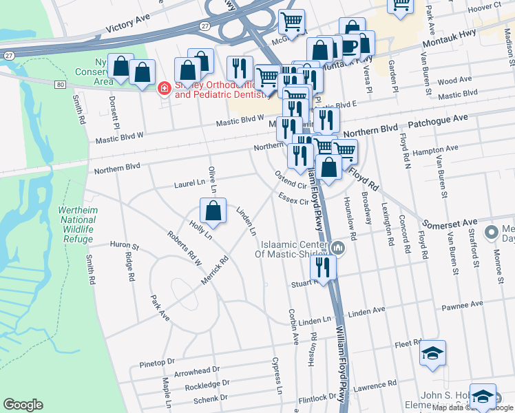 map of restaurants, bars, coffee shops, grocery stores, and more near 49 Merrick Road in Shirley