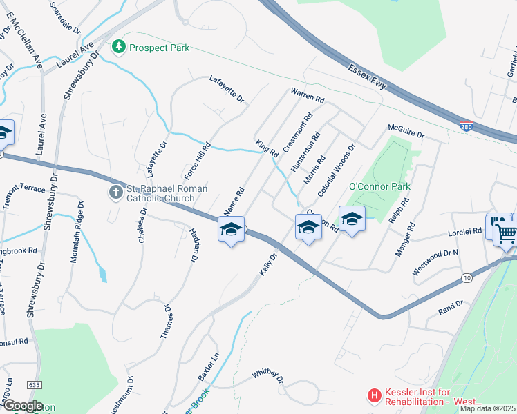 map of restaurants, bars, coffee shops, grocery stores, and more near 24 Westover Terrace in West Orange