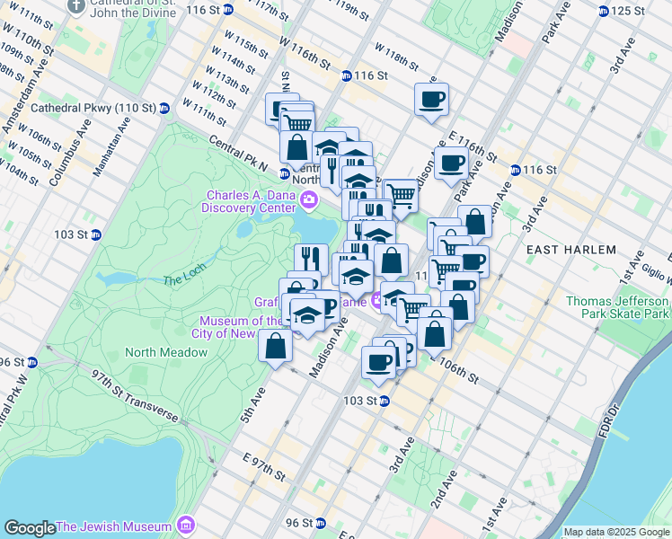 map of restaurants, bars, coffee shops, grocery stores, and more near 1271 5th Avenue in New York