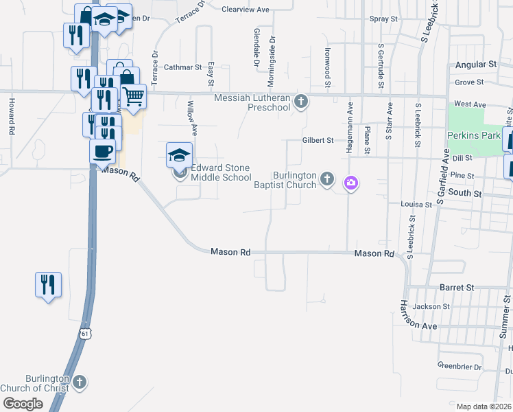 map of restaurants, bars, coffee shops, grocery stores, and more near 1215 Messiah Drive in Burlington