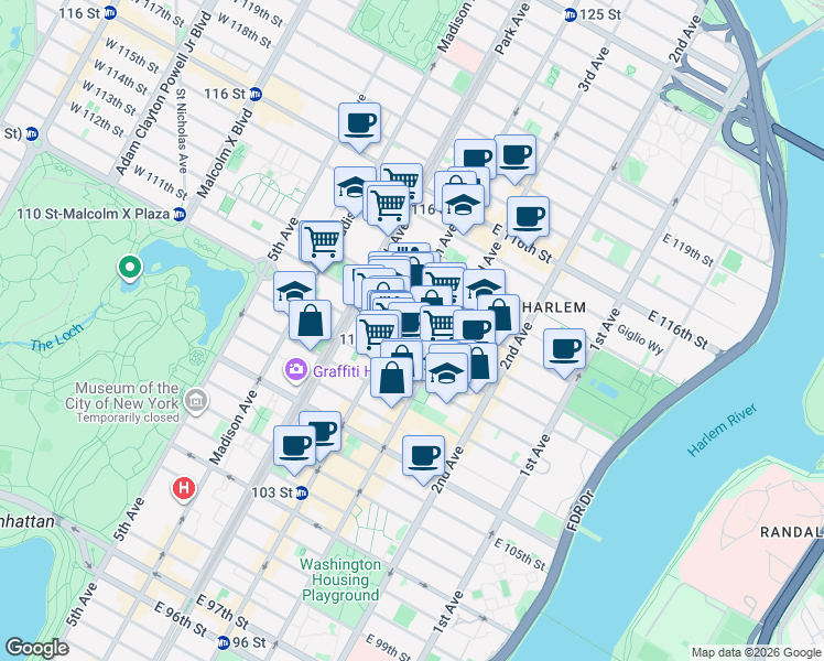 map of restaurants, bars, coffee shops, grocery stores, and more near 168 East 111th Street in New York