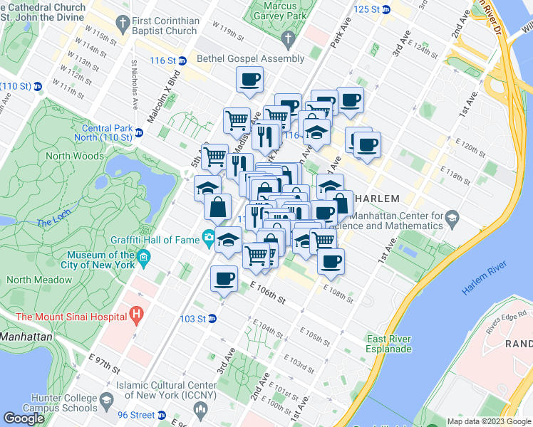 map of restaurants, bars, coffee shops, grocery stores, and more near 137 Tito Puente Way in New York