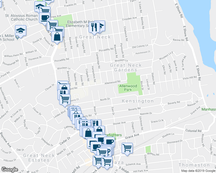 map of restaurants, bars, coffee shops, grocery stores, and more near 94 Allenwood Road in Great Neck