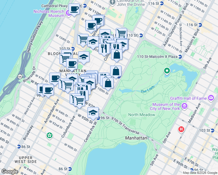map of restaurants, bars, coffee shops, grocery stores, and more near 22 Manhattan Avenue in New York