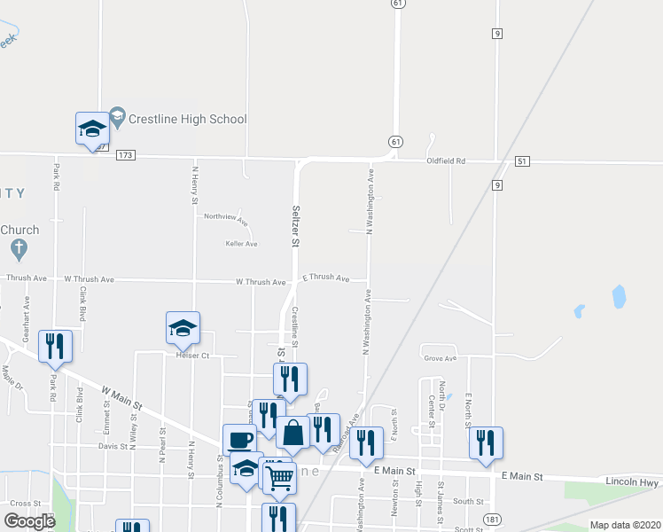 map of restaurants, bars, coffee shops, grocery stores, and more near 201 East Thrush Avenue in Crestline