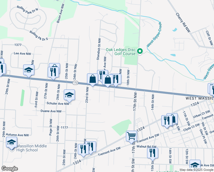 map of restaurants, bars, coffee shops, grocery stores, and more near in Massillon
