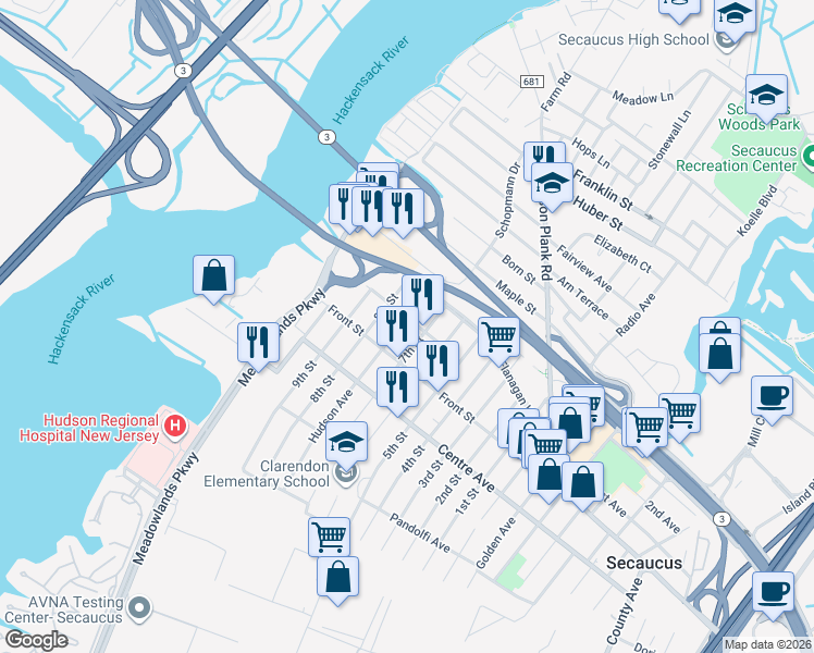 map of restaurants, bars, coffee shops, grocery stores, and more near 320 Clarendon Street in Secaucus
