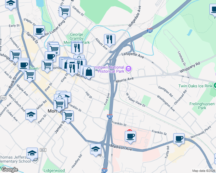map of restaurants, bars, coffee shops, grocery stores, and more near 2 Taft Lane in Morristown