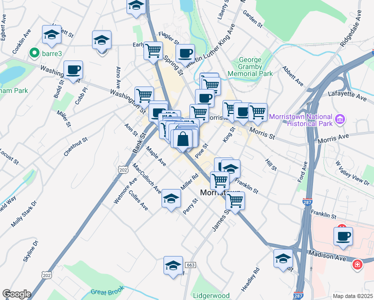 map of restaurants, bars, coffee shops, grocery stores, and more near 36 South Street in Morristown