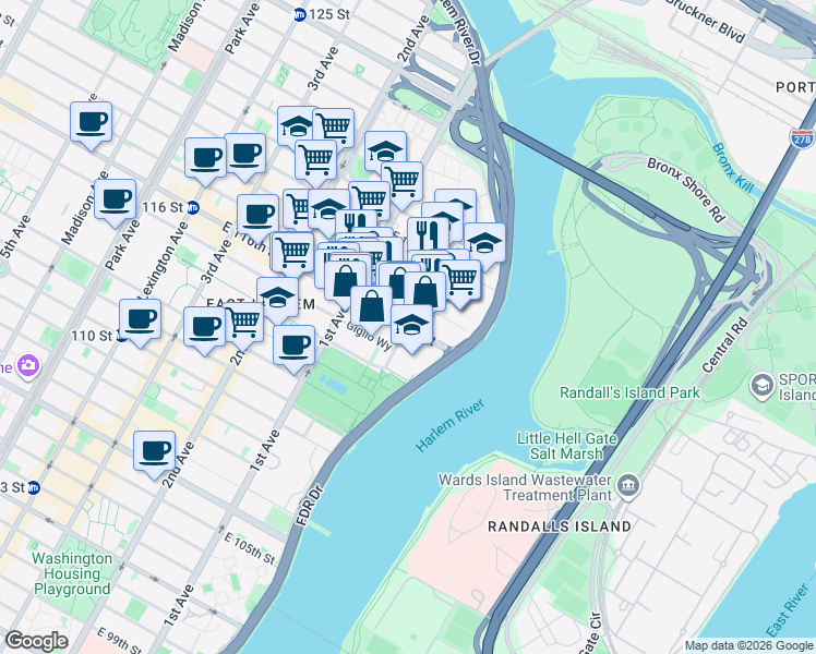 map of restaurants, bars, coffee shops, grocery stores, and more near 501 East 116th Street in New York