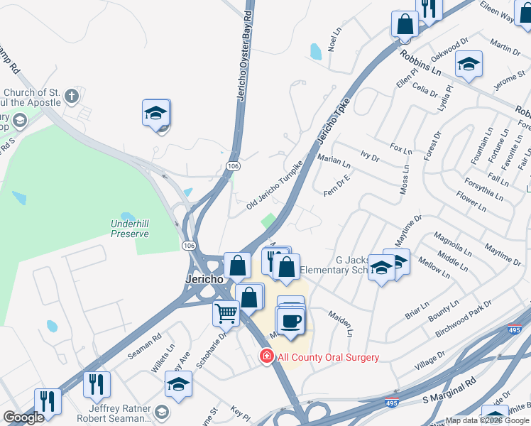 map of restaurants, bars, coffee shops, grocery stores, and more near 6 Old Jericho Turnpike in Jericho