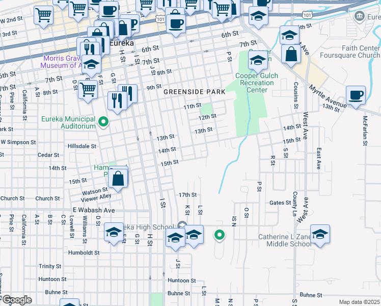 map of restaurants, bars, coffee shops, grocery stores, and more near 1330 L Street in Eureka
