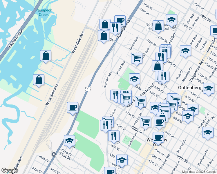 map of restaurants, bars, coffee shops, grocery stores, and more near 6201 Grand Avenue in North Bergen