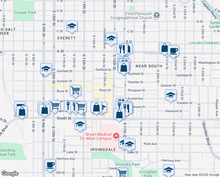 map of restaurants, bars, coffee shops, grocery stores, and more near 1732 South 15th Street in Lincoln