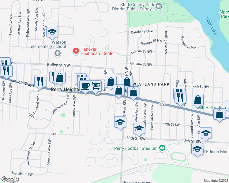 map of restaurants, bars, coffee shops, grocery stores, and more near 3536 Lincoln Way East in Massillon