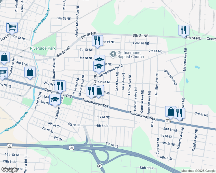 map of restaurants, bars, coffee shops, grocery stores, and more near 2204 4th Street Northeast in Canton