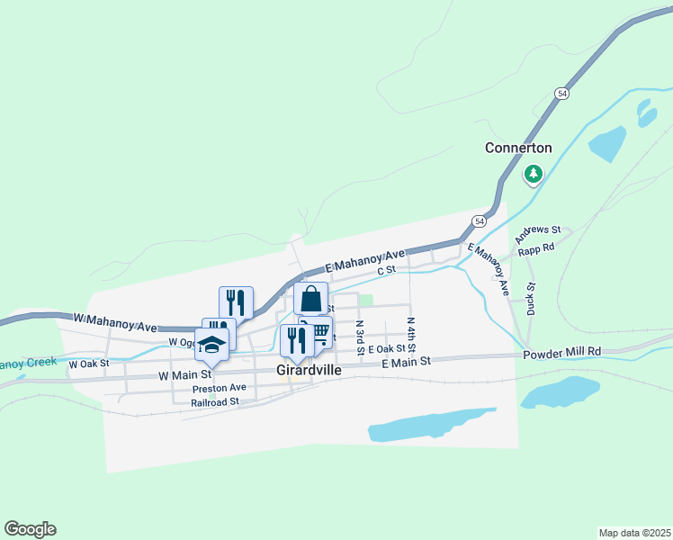 map of restaurants, bars, coffee shops, grocery stores, and more near 207 East Mahanoy Avenue in Girardville