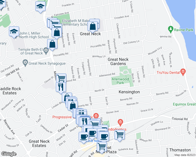 map of restaurants, bars, coffee shops, grocery stores, and more near 94 Allenwood Road in Great Neck
