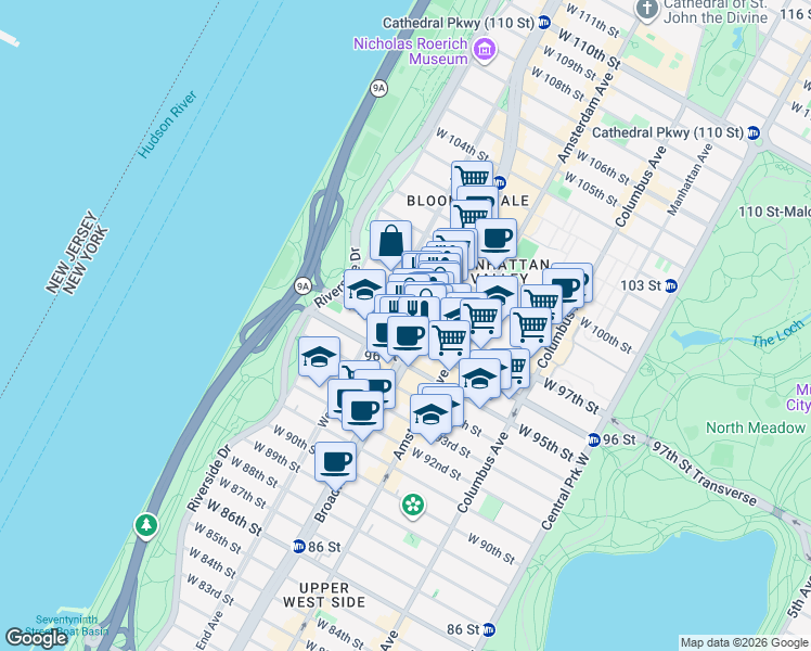 map of restaurants, bars, coffee shops, grocery stores, and more near 2563 Broadway in New York