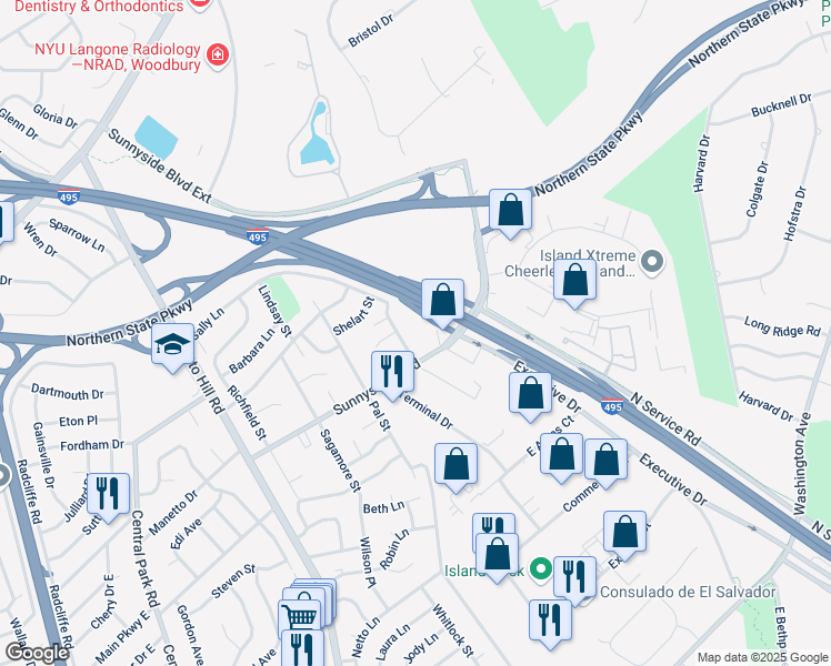 map of restaurants, bars, coffee shops, grocery stores, and more near 150 Sunnyside Boulevard in Plainview