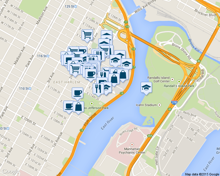 map of restaurants, bars, coffee shops, grocery stores, and more near in New York